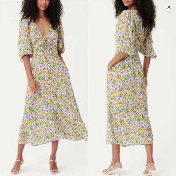 NICHOLAS | DANIELLE DRESS IN WHISTLEDOWN | FLORAL PLUNGING V-NECK | SIZE US 4 - Picture 2 of 12